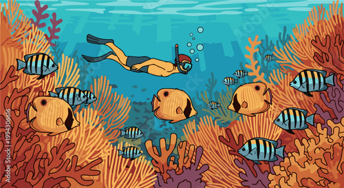 Snorkeler swims with colorful fish among coral reefs