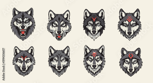 Eight pixel art wolf heads, some with tribal markings