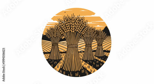 Stylized harvest scene with bundled wheat stalks against a sunset