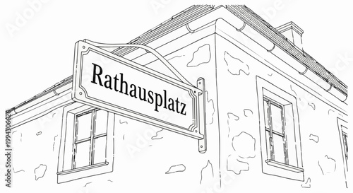 Stylized line drawing of a building facade with a hanging sign