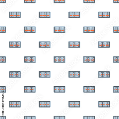 Repeating pattern of gray electrical distribution panels with orange switches