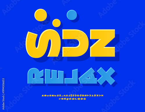 Vector Travel Promotion Sun Relax. Unique Rotated Font. Summer Yellow Alphabet Letters and Numbers set.