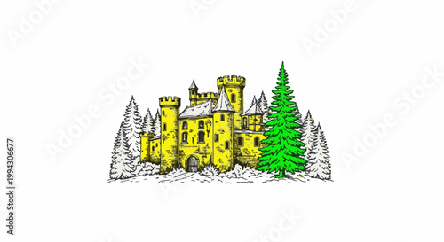 A yellow, fairytale castle stands in a snowy, pine forest