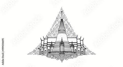 Ornate Buddhist stupa with intricate patterns, central spire, and symmetrical detailing