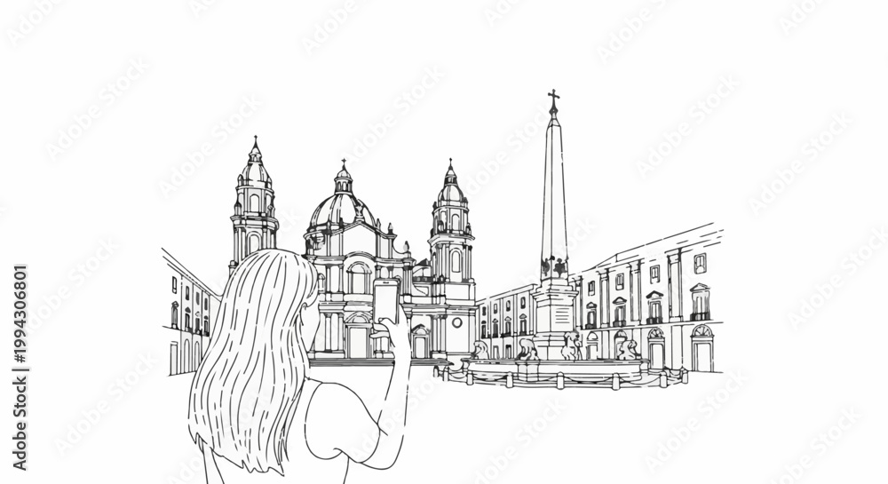 Obraz premium Sketch of a woman photographing a grand European piazza with historic buildings