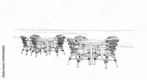 Sketch of outdoor cafe seating with woven chairs around tables by the sea