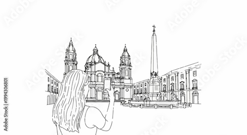 Sketch of a woman photographing a grand European piazza with historic buildings