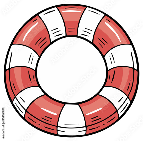 Illustration of a red and white striped life preserver or life buoy ring for safety