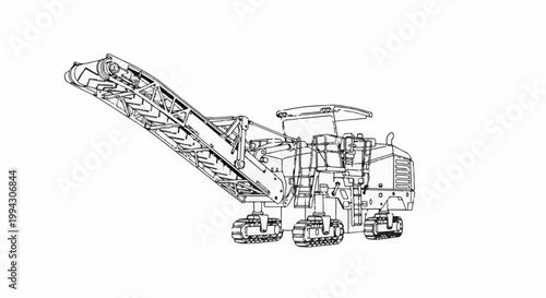 Detailed line drawing of a tracked, portable conveyor and crushing machine
