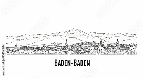 Sketchy panorama of Baden-Baden with mountains and cityscape