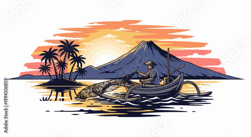 A lone fisherman nets fish from his boat near a volcanic island at sunset