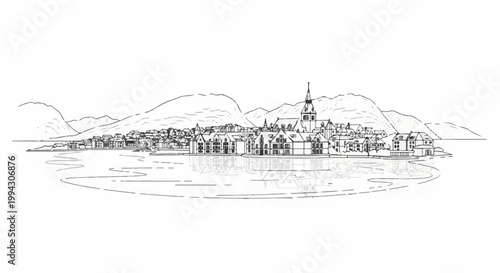 Sketch of a waterfront town with a church and mountains in the background