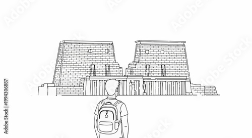 Person with backpack views ancient stone structure and ruins