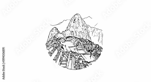 Sketch of ancient ruins nestled amidst dramatic mountain peaks