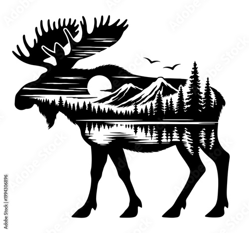 Majestic Moose Silhouette Combined With Double Exposure Forest Landscape Mountains And Lake For Nature Lovers, Wildlife Wilderness Vector Art