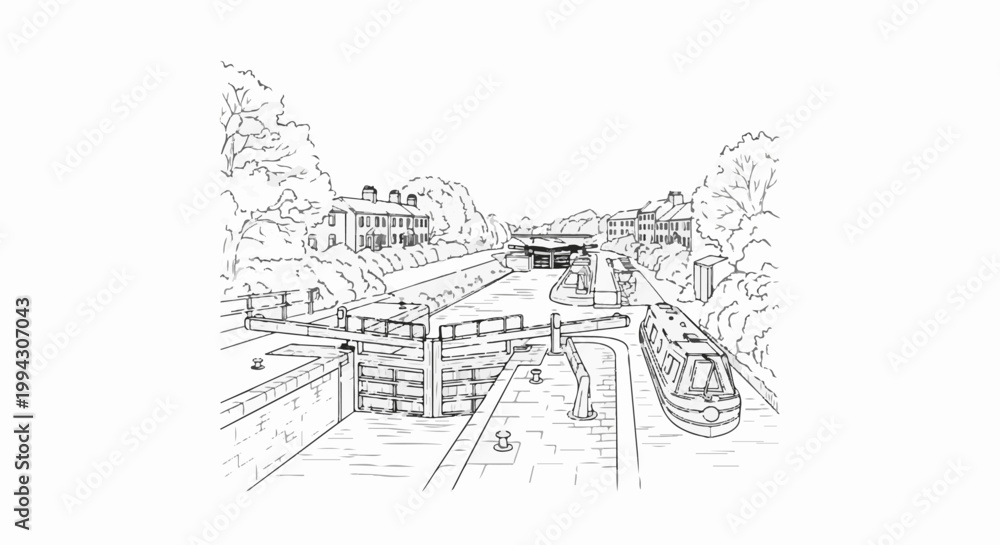 Fototapeta premium Sketch of a canal lock system with houses, trees, and a narrowboat
