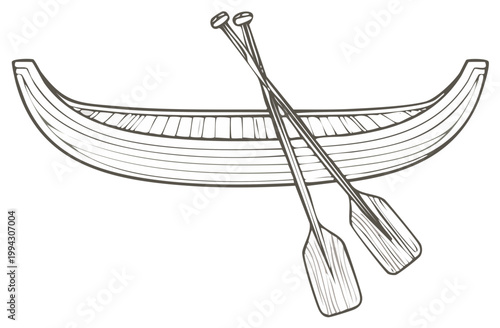 Outline drawing of wooden canoe and crossed oars, vector illustration
