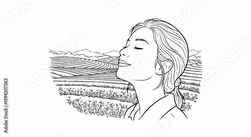 Serene young woman enjoys fresh air amid lush, rolling tea fields