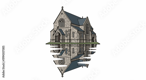 Stone gothic building reflected in water on a white background