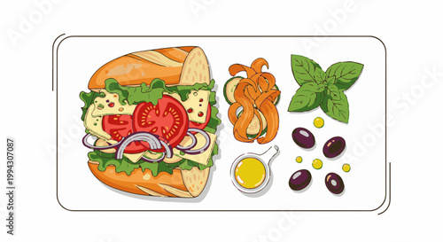 Stacked sandwich with fresh vegetables, olives, herbs, and oil