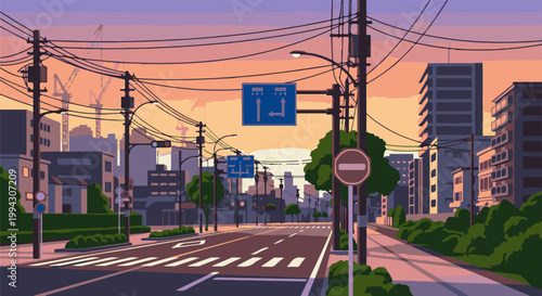 Pixel art city street with traffic signs and distant construction cranes