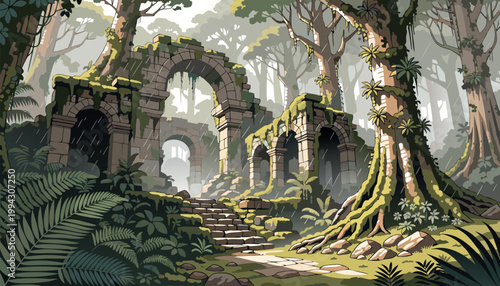 Ancient Stone Ruins in Lush Jungle Forest with Tropical Trees and Vines Vector