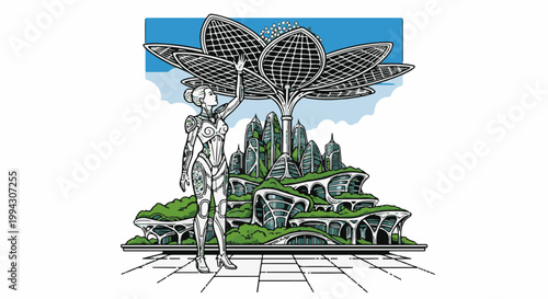 Robot touches solar flower over futuristic eco-city