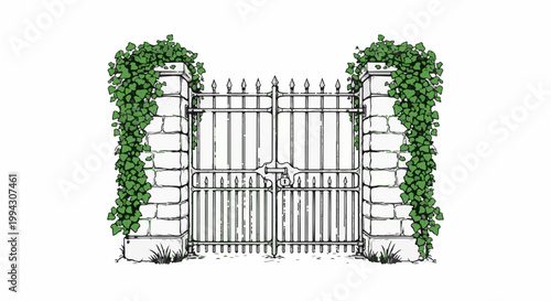 Ornate iron gate framed by stone pillars entwined with lush ivy
