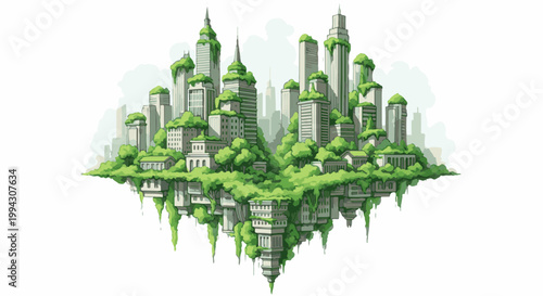 Overgrown floating city with ancient architectural influences and lush vegetation