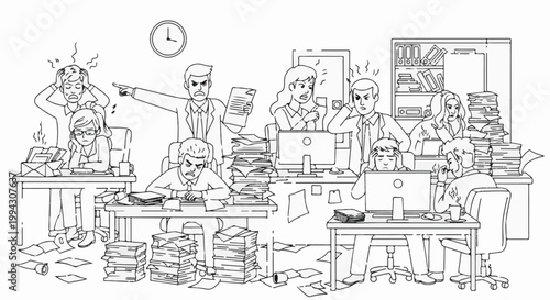 Overwhelmed office workers buried under piles of paper and stress