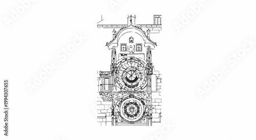 Ornate astronomical clock tower sketch with intricate dial details