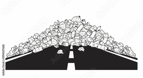 Mountain of trash blocks road with scattered litter and waste