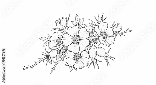 Delicate line art sketch of wild roses with buds and rosehips