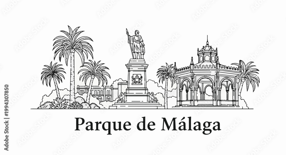 Obraz premium Line drawing of a park with palms, statue, gazebo and buildings