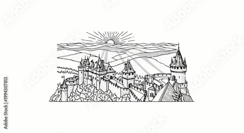 Majestic castle bathed in sunlight with rolling hills and a radiant sun