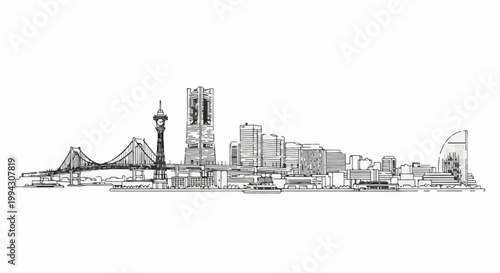 Detailed black and white sketch of a modern city skyline with a bridge and tower