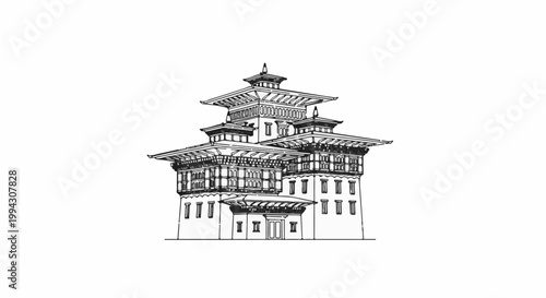 Intricate, multi-tiered traditional building with layered roofs and detailed windows