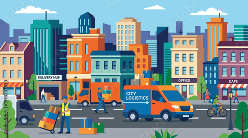 City street with delivery trucks and workers.