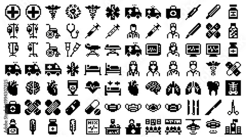 Extensive collection of minimalist black and white vector icons representing medical, healthcare, and wellness concepts, ideal for modern design