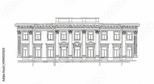 Ornate facade with symmetrical windows, columns, and decorative cornice