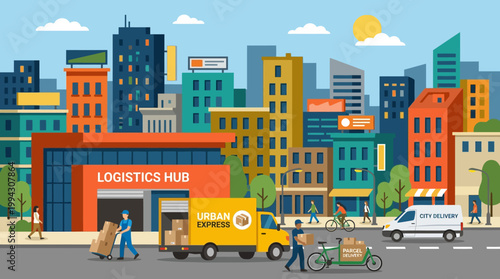 A vibrant cityscape with a logistics hub.