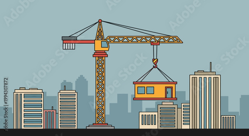 Construction Crane Lifting Prefabricated Building Module in Urban Cityscape