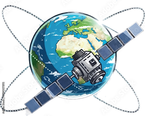 Satellite orbiting Earth, globe with satellite, space technology, astronomy icons