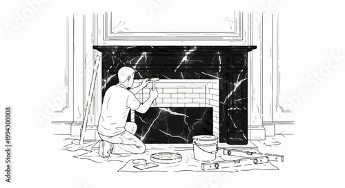 Man meticulously installing brickwork around a black marble fireplace