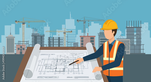Construction Engineer Reviewing Architectural Blueprint at Building Site