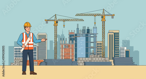Construction Engineer Holding Blueprints at Urban Building Site