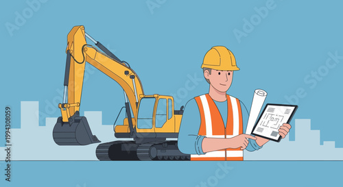 Construction Engineer with Excavator and Blueprint