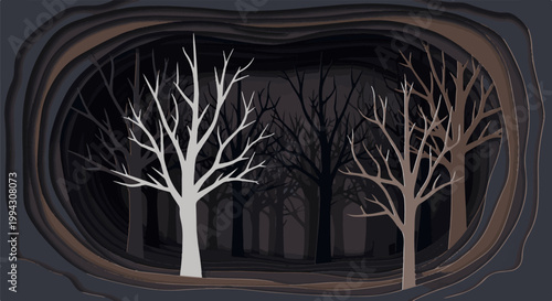 Layered, dark, abstract forest scene with bare trees and cave-like entrance