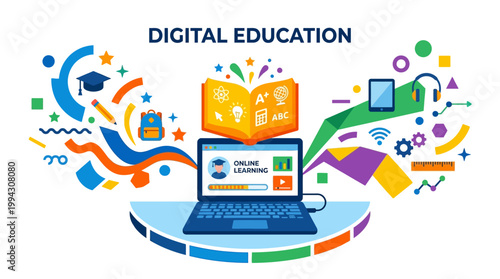 Digital education concept with laptop and icons.