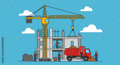 Construction Site Scene with Crane and Workers Vector Illustration